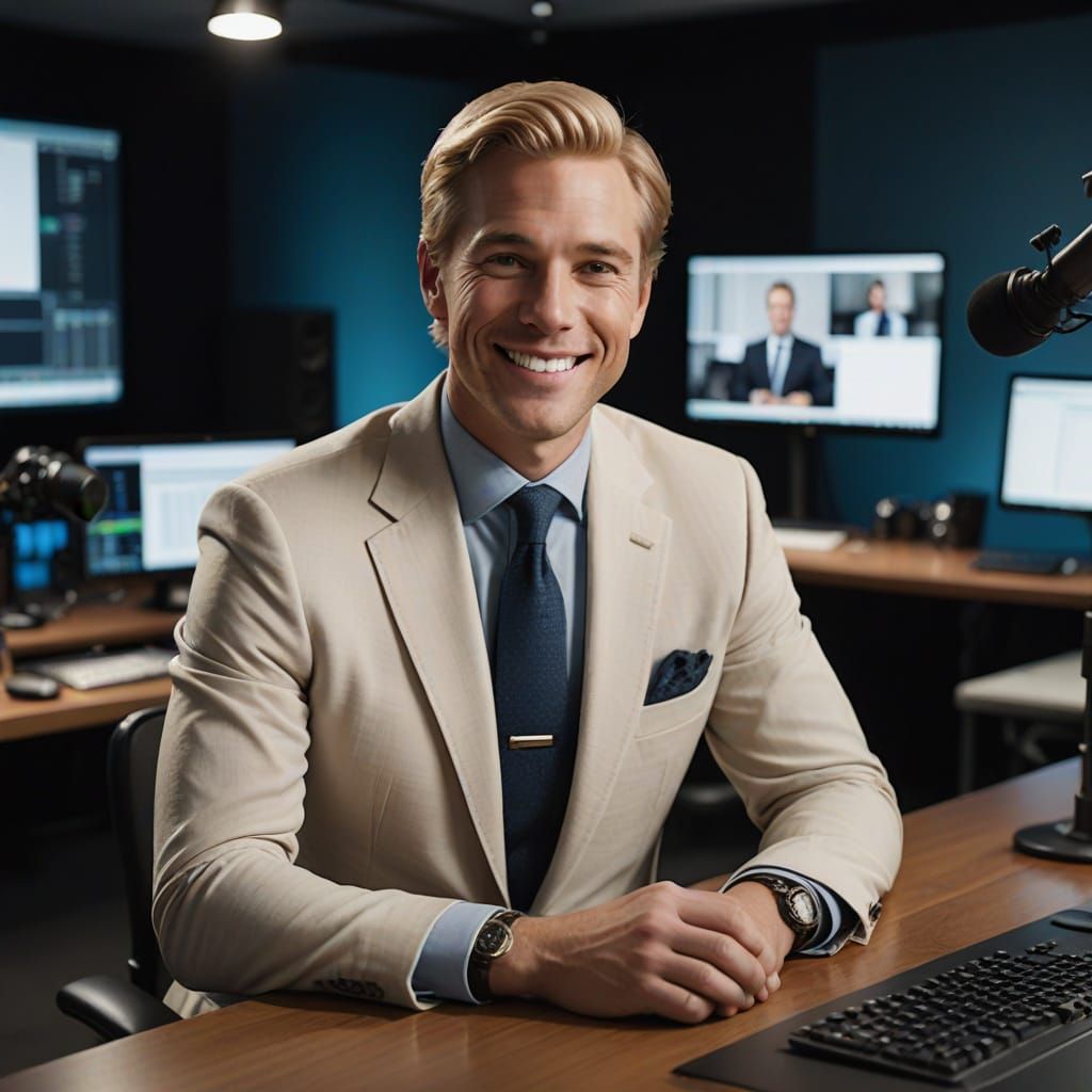 Confident Broadcasting Host in High-End Studio