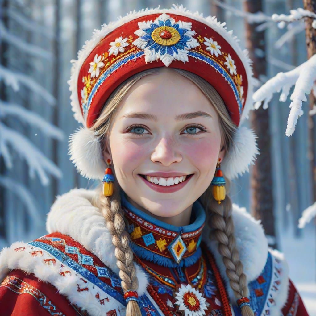 smiling snow maiden in a beautiful Sami outfit