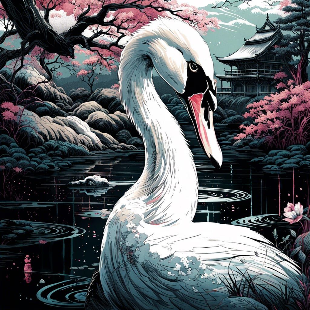 Swan in Japanese Landscape: Neo-Victorian Collage Art