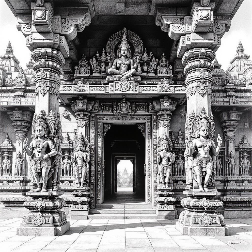 Hyperrealistic Graphite Drawing of Hindu Temple Entrance