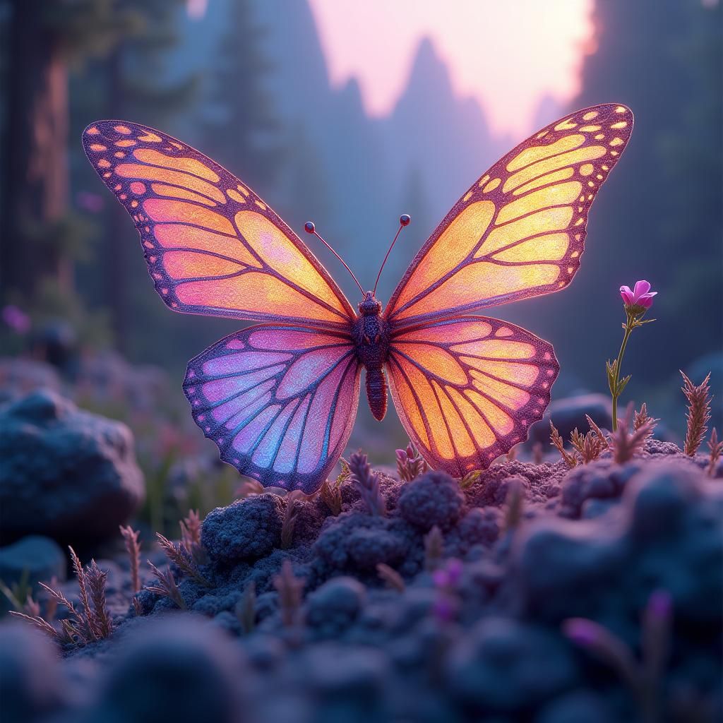 Iridescent Butterfly in Ethereal Landscape