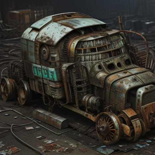Rusty Robot on Scrap Heap in Industrial Decay Style