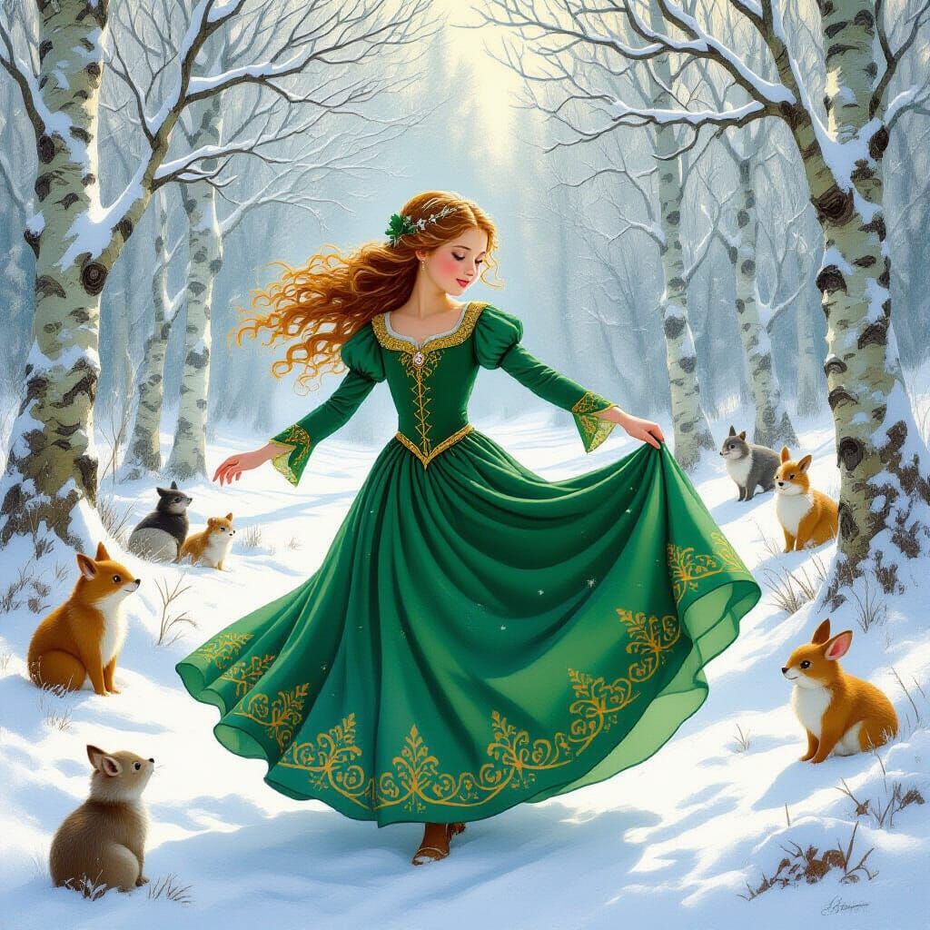 Girl Dances in Snowy Forest, Whimsical Art