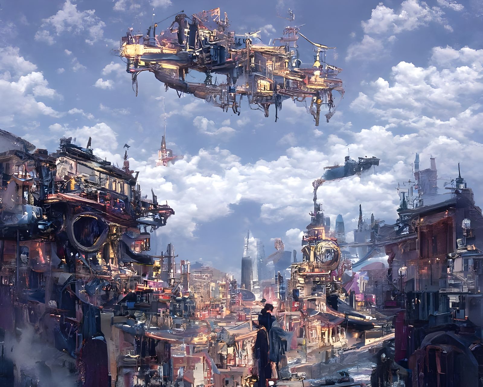 Detailed Steampunk Cityscape with Airships and Pink Clouds