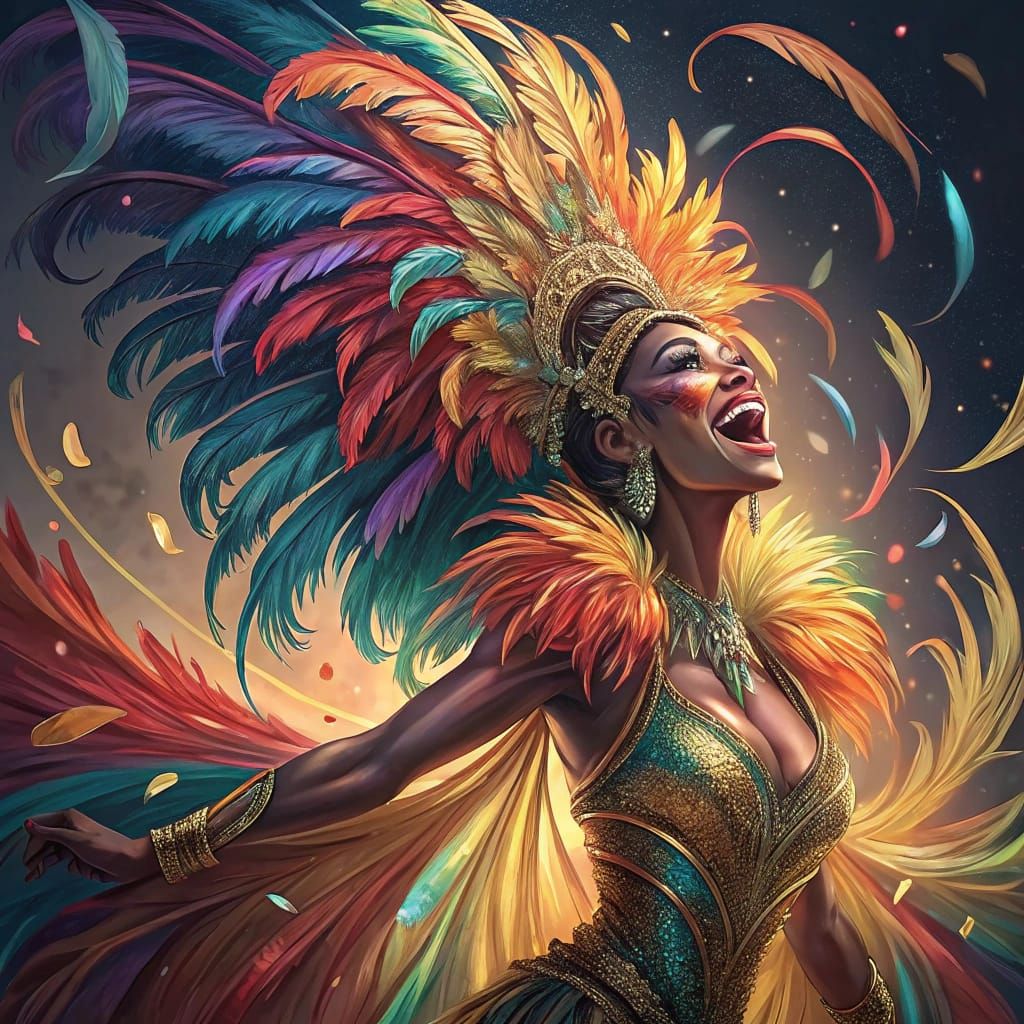 Joyful Carnival Queen in Vibrant, Cyberpunk Aesthetic