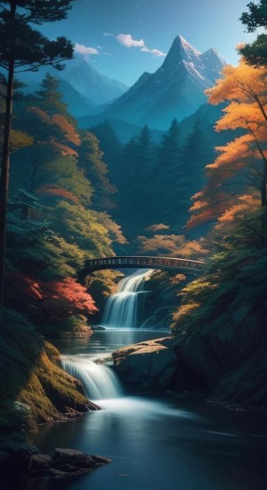 Romantic Waterfall Scene in Anime Style