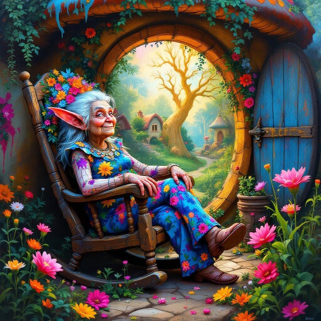 Whimsical Elf Granny in Graffiti Art Hobbit House