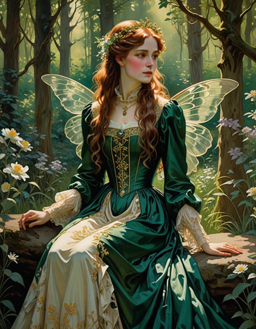 Ethereal Victorian Fairy in Lush Emerald Forest