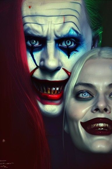 Sinister Joker and Harley Quinn Oil Painting