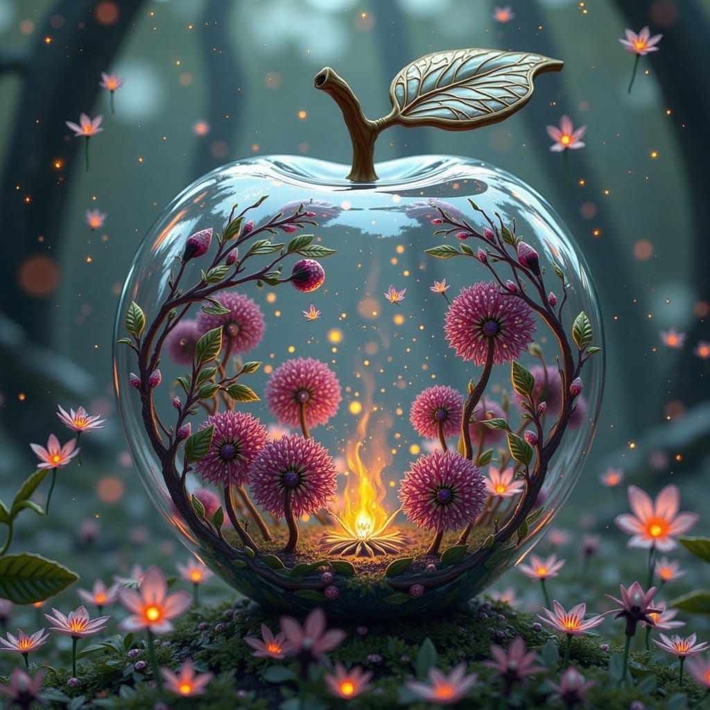 Glass Apple Encloses a Vibrant Orchard, a Surreal Image