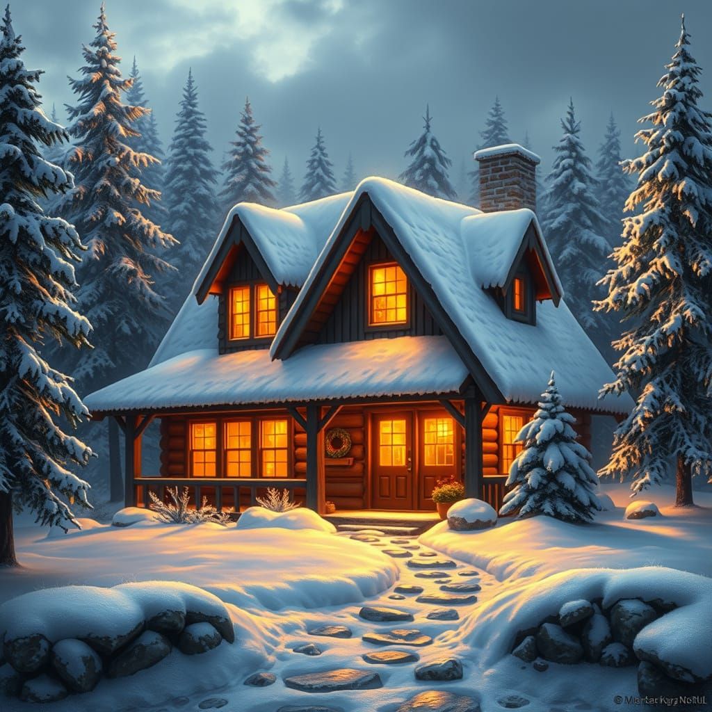 Cozy Cabin in Winter Forest, Luminist Style