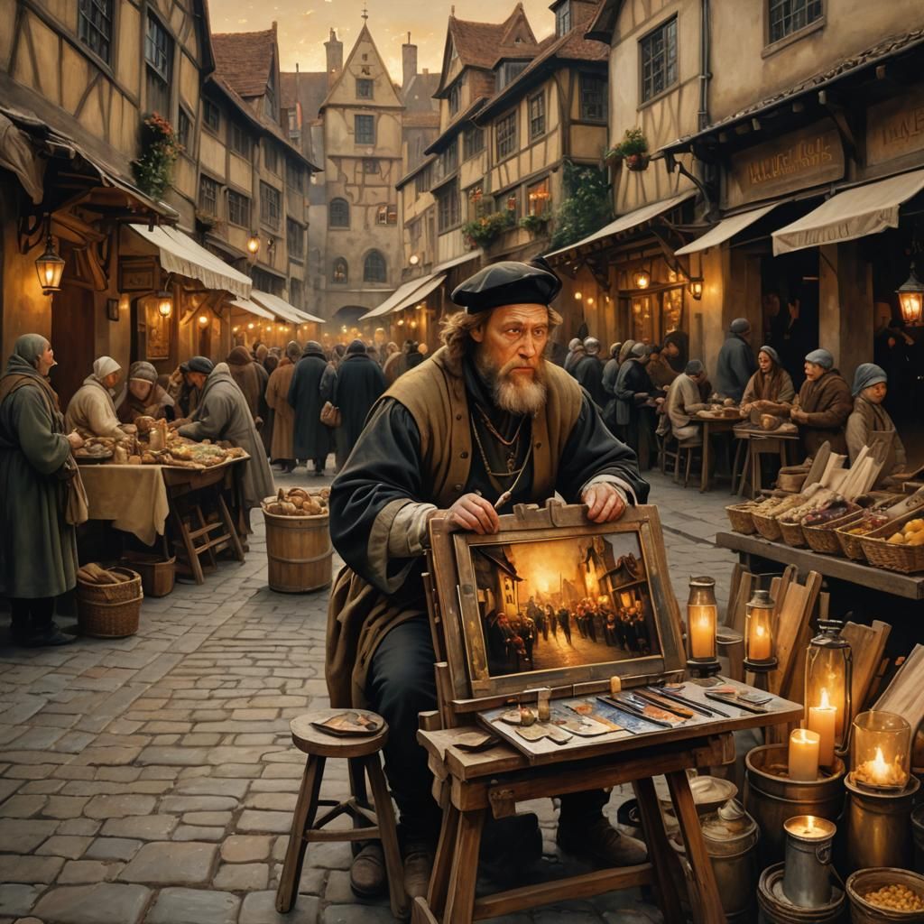 Medieval Street Artist Painting Town Scenery in Oils