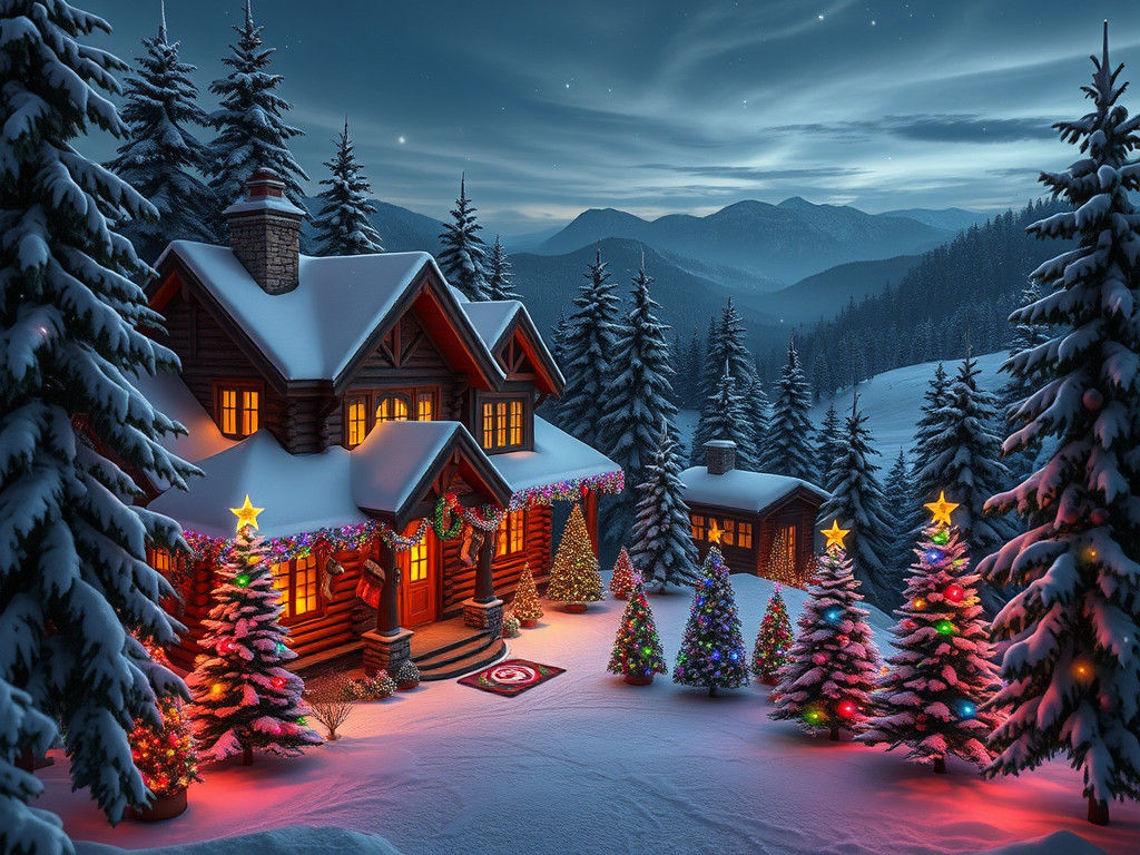 Snowy Christmas Cabin in Mountain Winter Wonderland