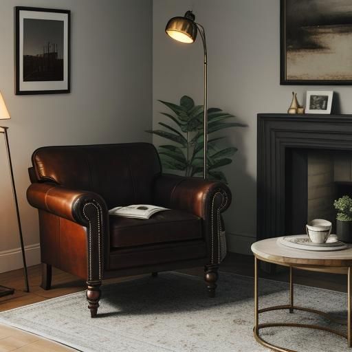 Cozy Evening Living Room Scene with Leather Chair