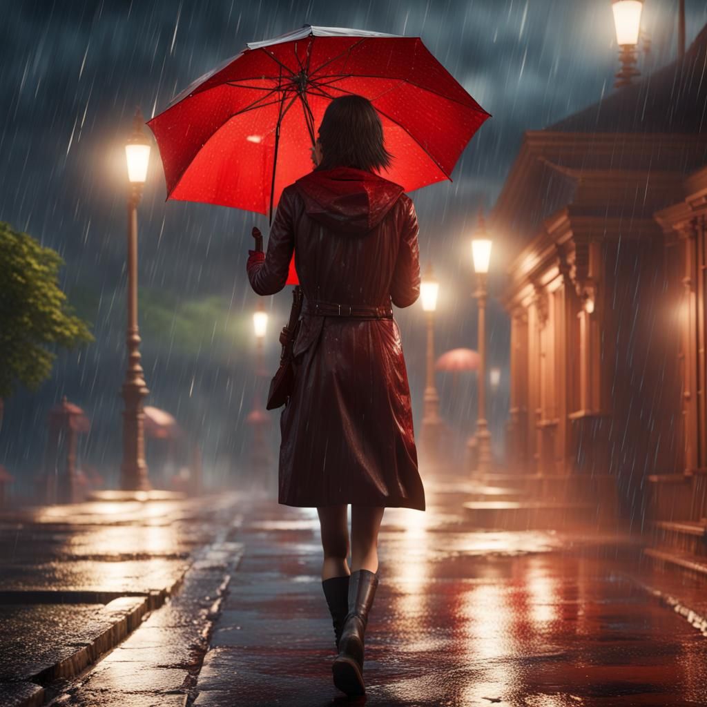 Woman Walks in Lightning Storm at Night