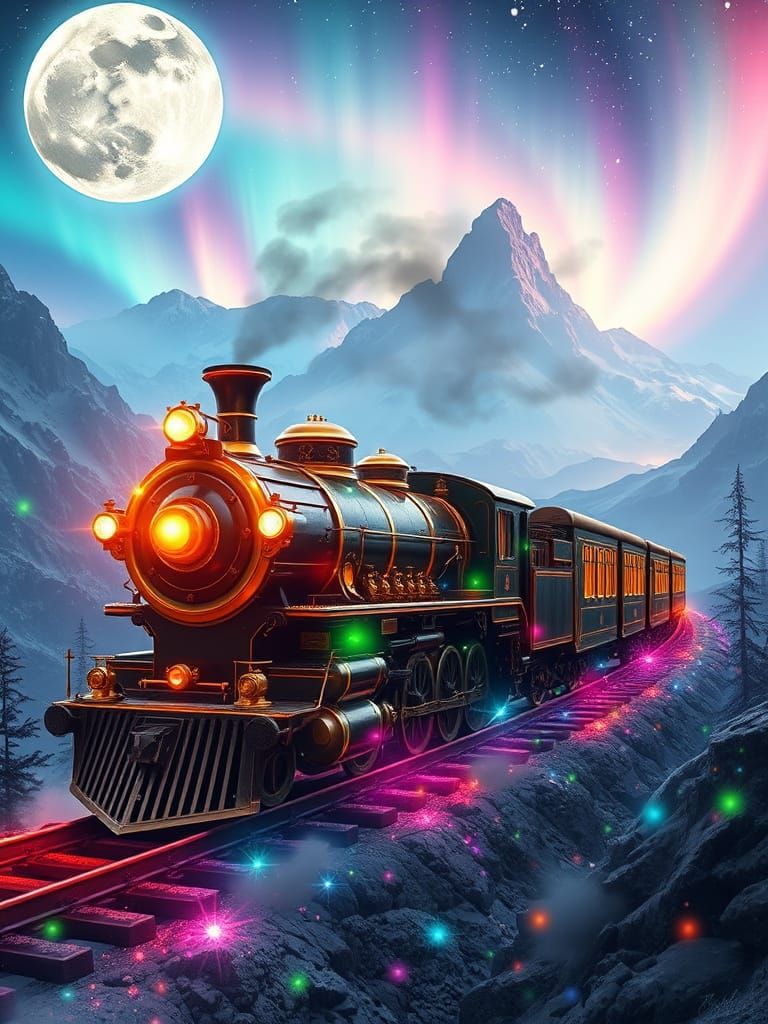 Majestic Steampunk Train in Dreamy Victorian Landscape