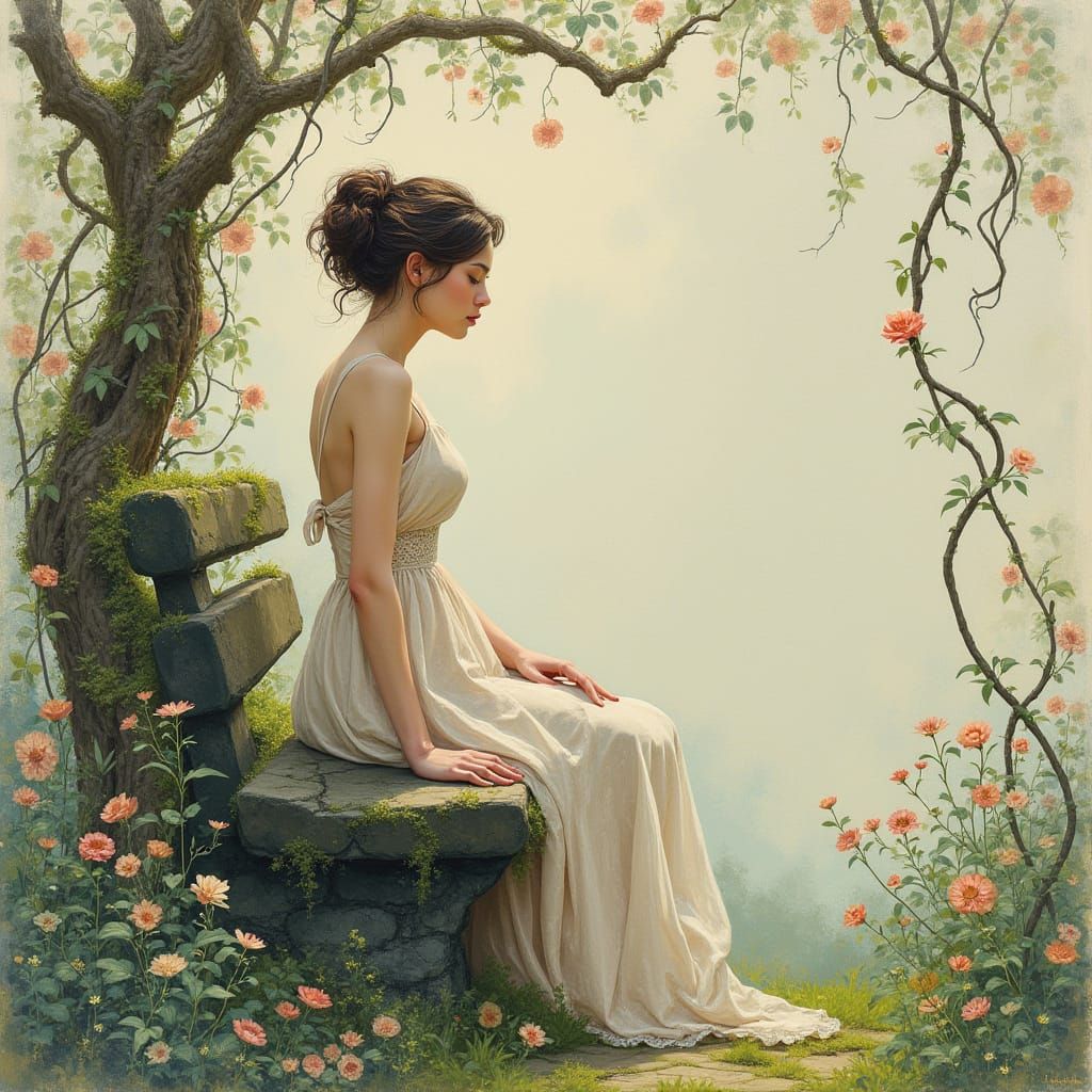 Solitary Lady in Enchanted Garden Fine Line Drawing