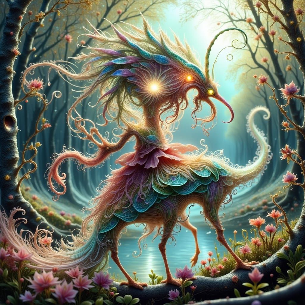 Ethereal Spirit Creature Rides Iridescent Hummingbird in Dre...