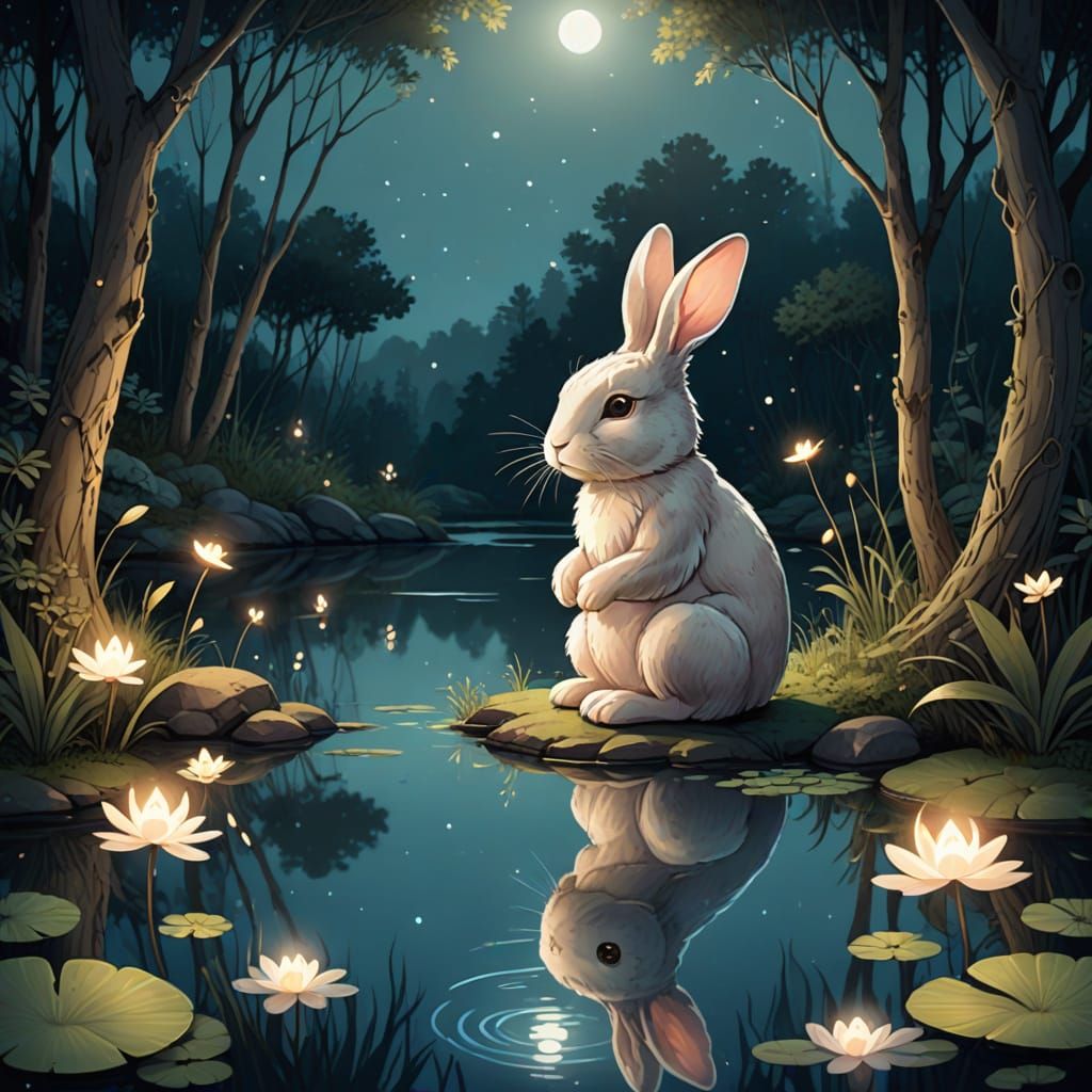 Whimsical Rabbit by Moonlit Pond in Ethereal Forest
