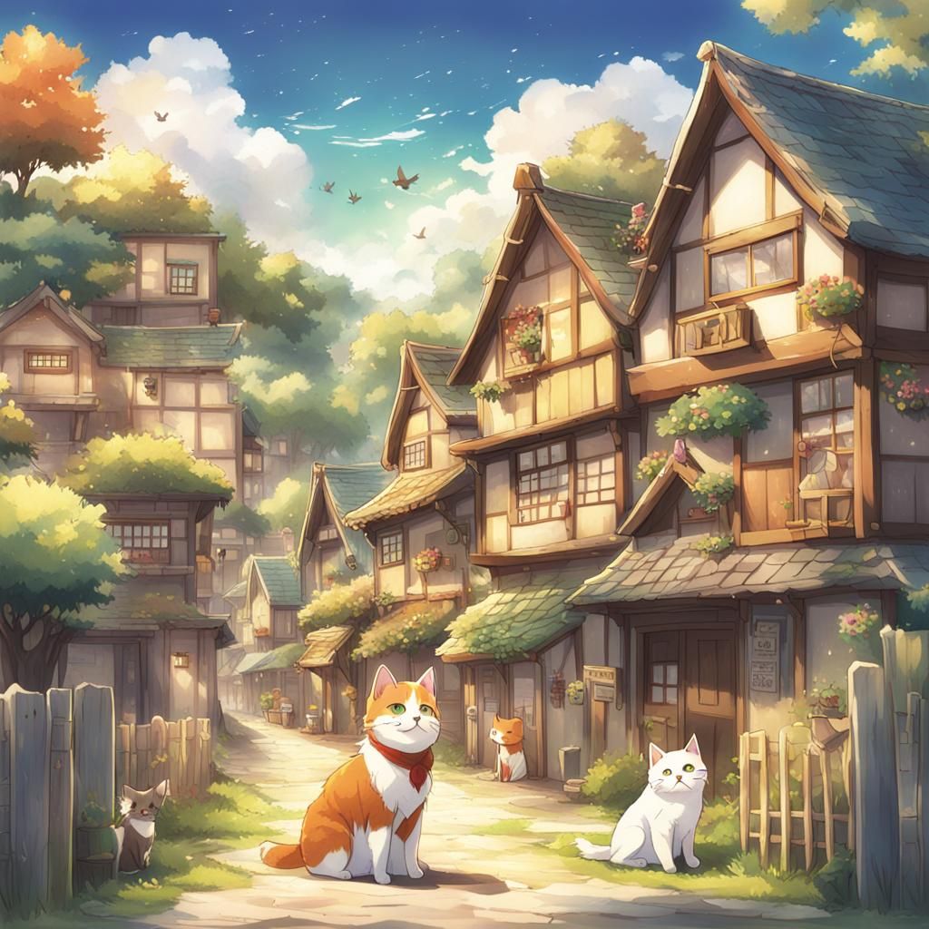 Anime-Style Cat and Dog Village