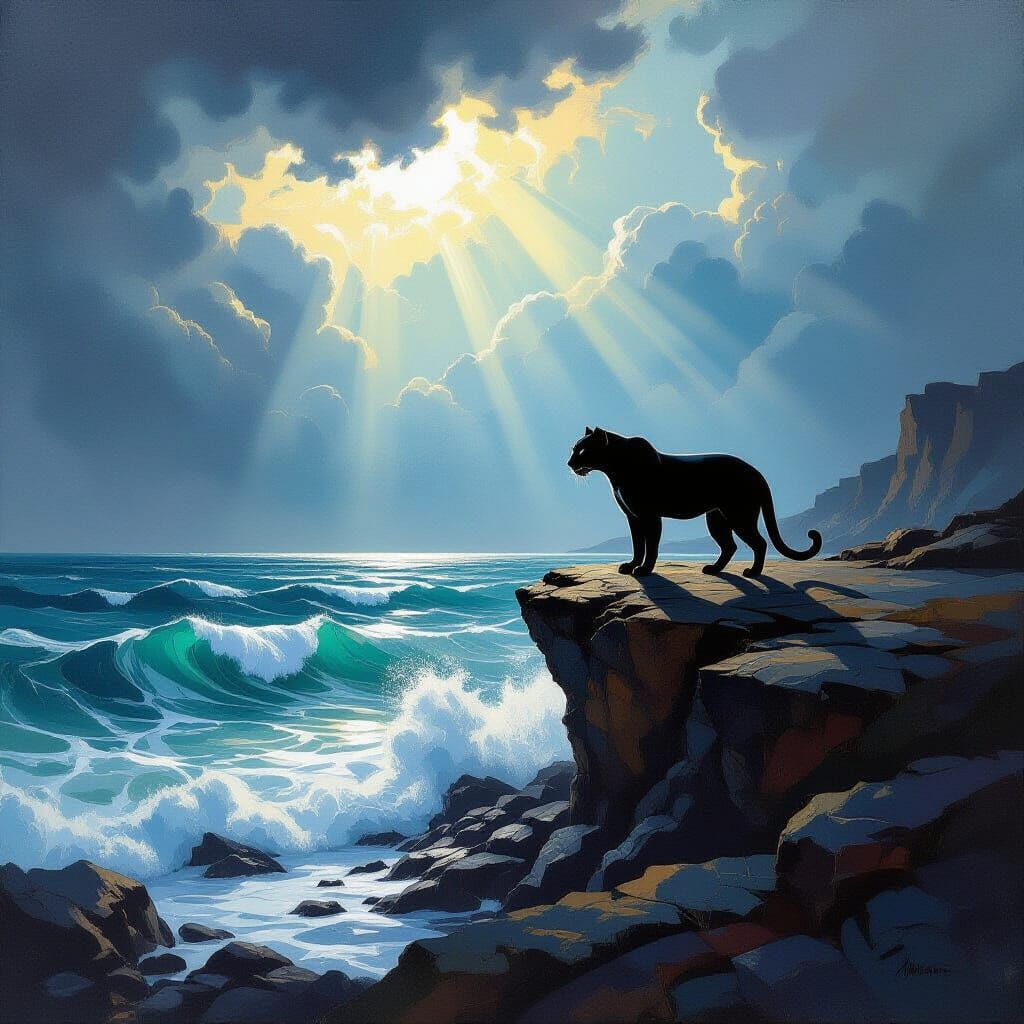Panther Overlooking Stormy Sea in Expressionist Style