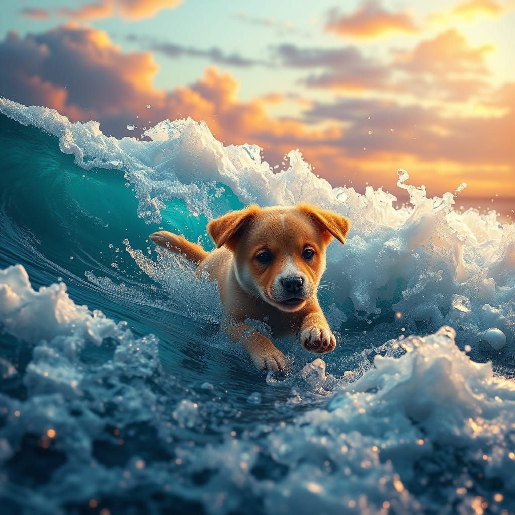 Fantasy Puppy Swimming Amidst Turbulent Waves