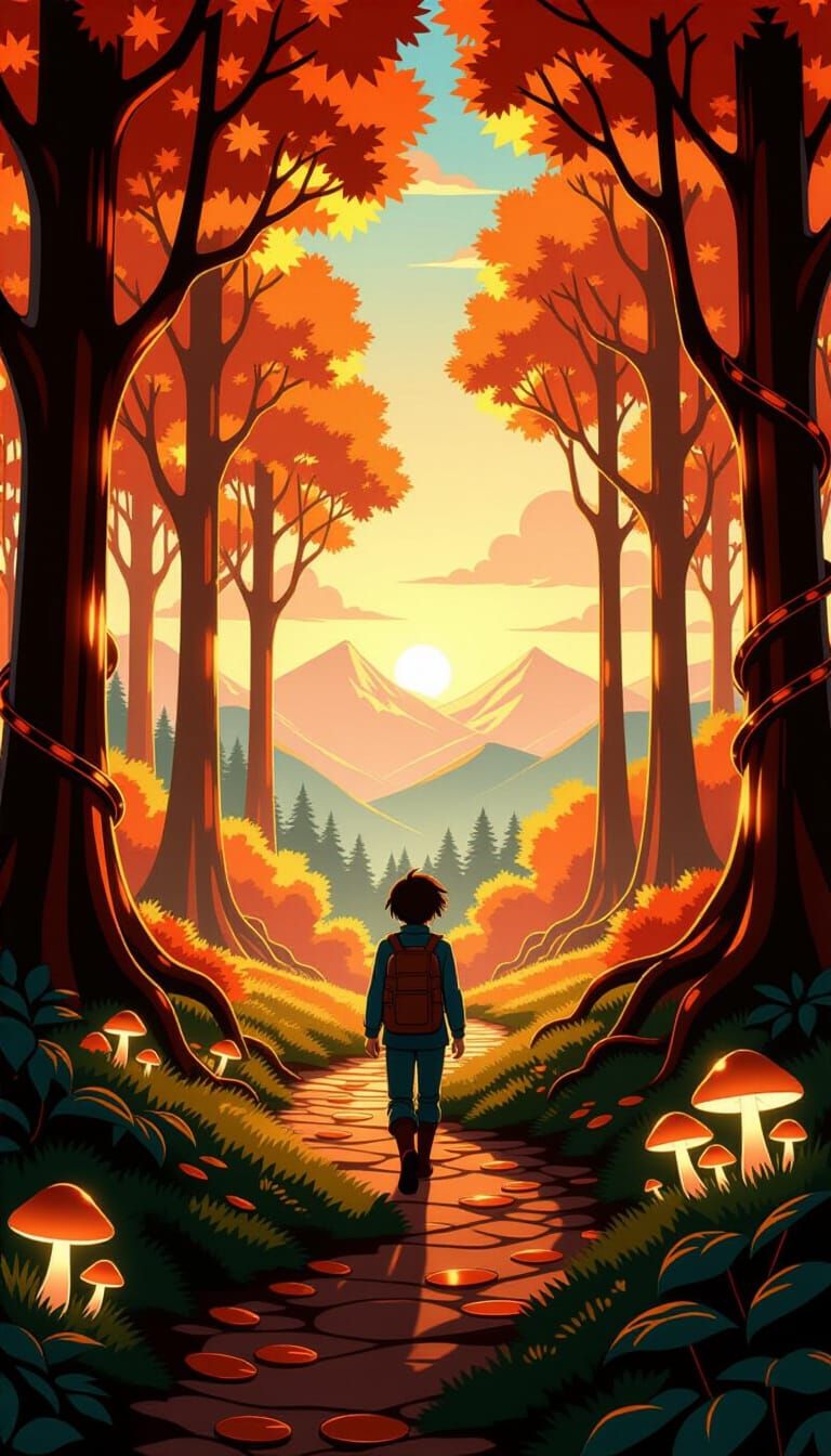 Retro Anime Forest with Glowing Copper Trees and Golden Ligh...