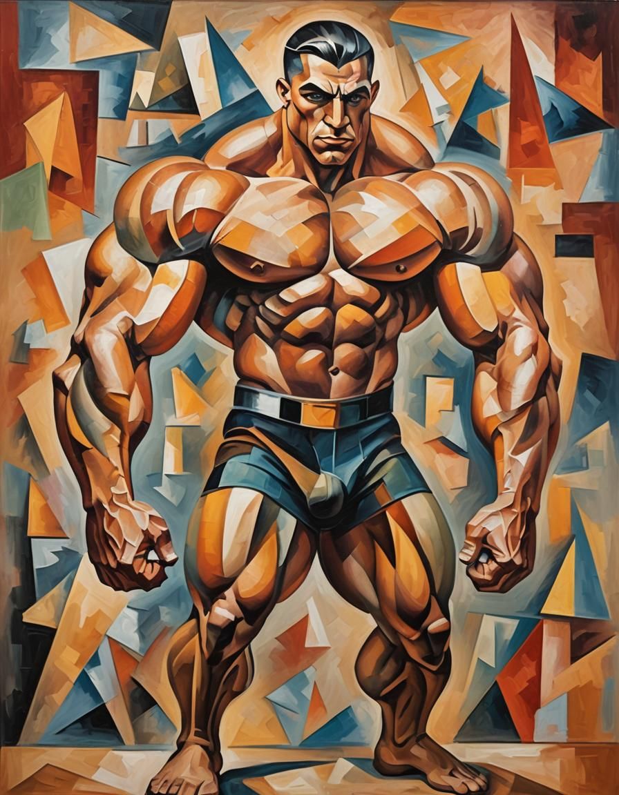 Cubist Bodybuilder Painting in Picasso Style