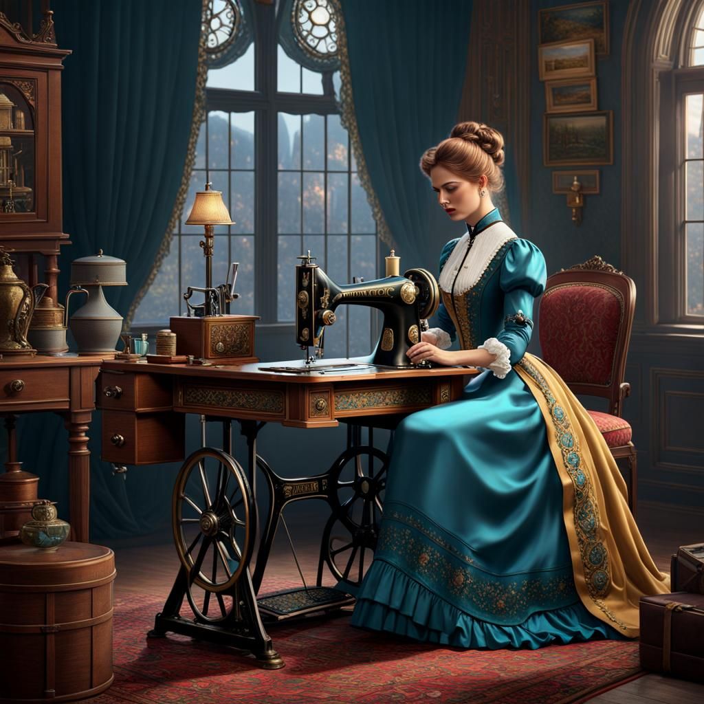 1895 Victorian woman sewing a dress on a Singer treadle sewing machine, detailed matte painting, deep color, fantastical...