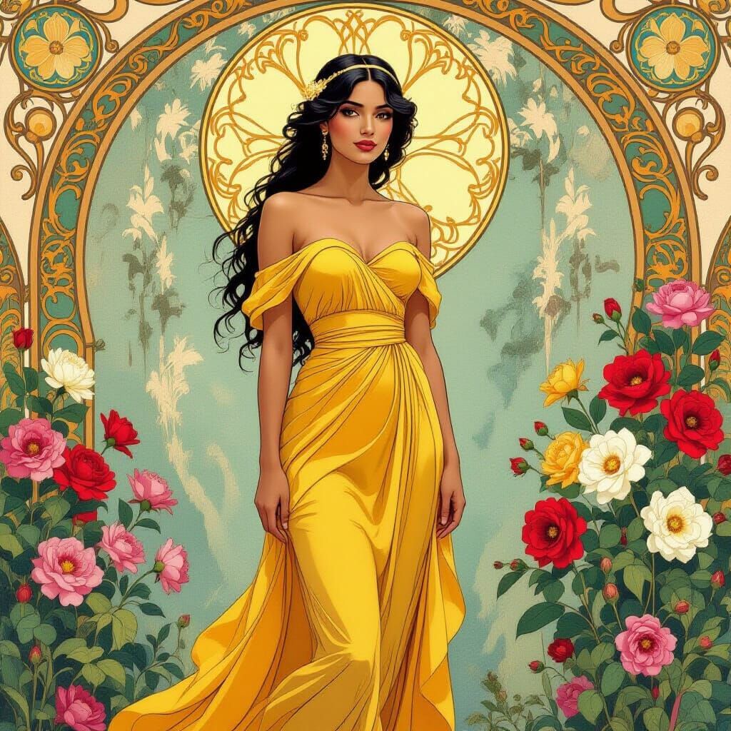 Woman in Yellow Dress: Impressionist Floral Portrait