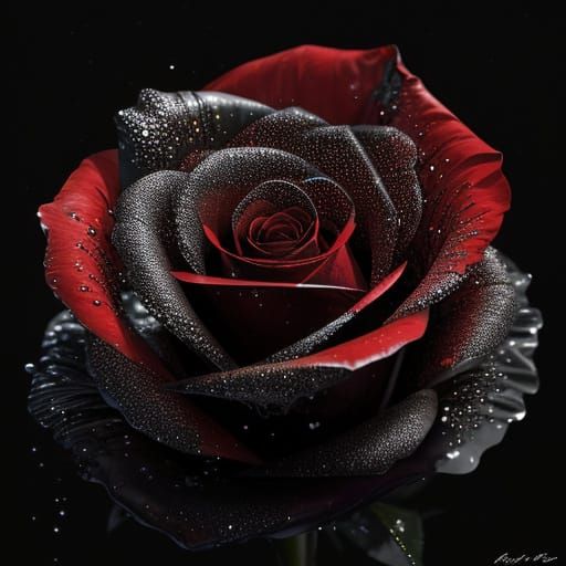 Hyperrealistic Red Rose with Dew Drops on Black Background