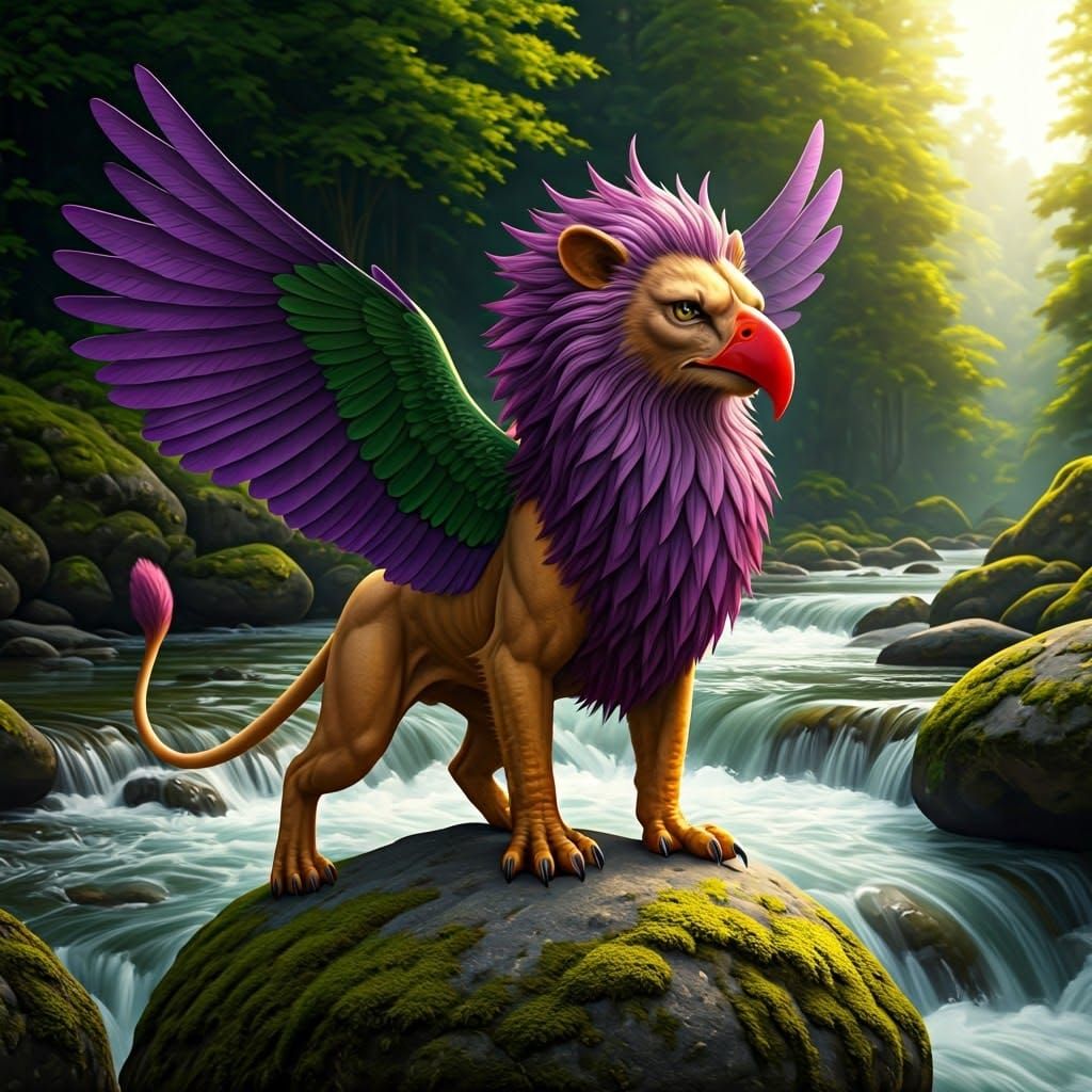 Whimsical 3D Griffin on Boulder, Fantasy Art