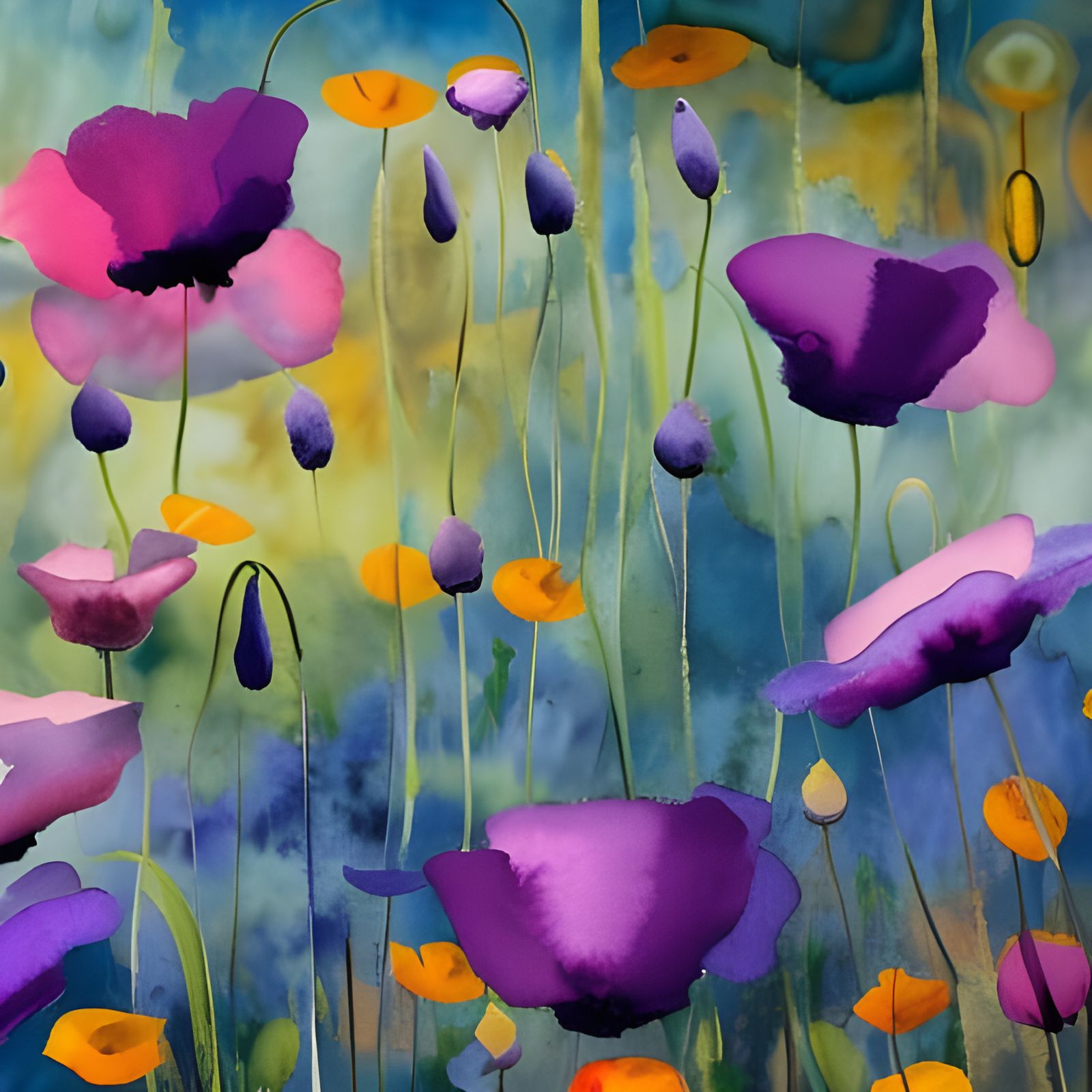 Purple Poppies in Gouache Impressionist Style