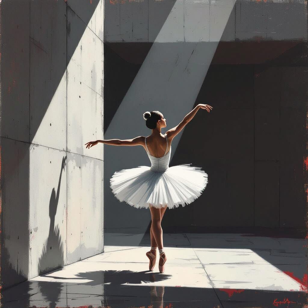 Ballerina Pirouettes in Stark Brutalist Chamber