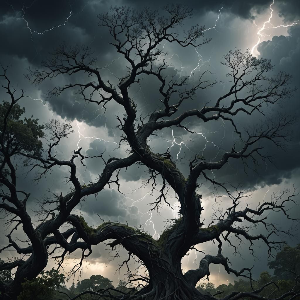 Trees Bending in Storm, Cinematic Digital Painting