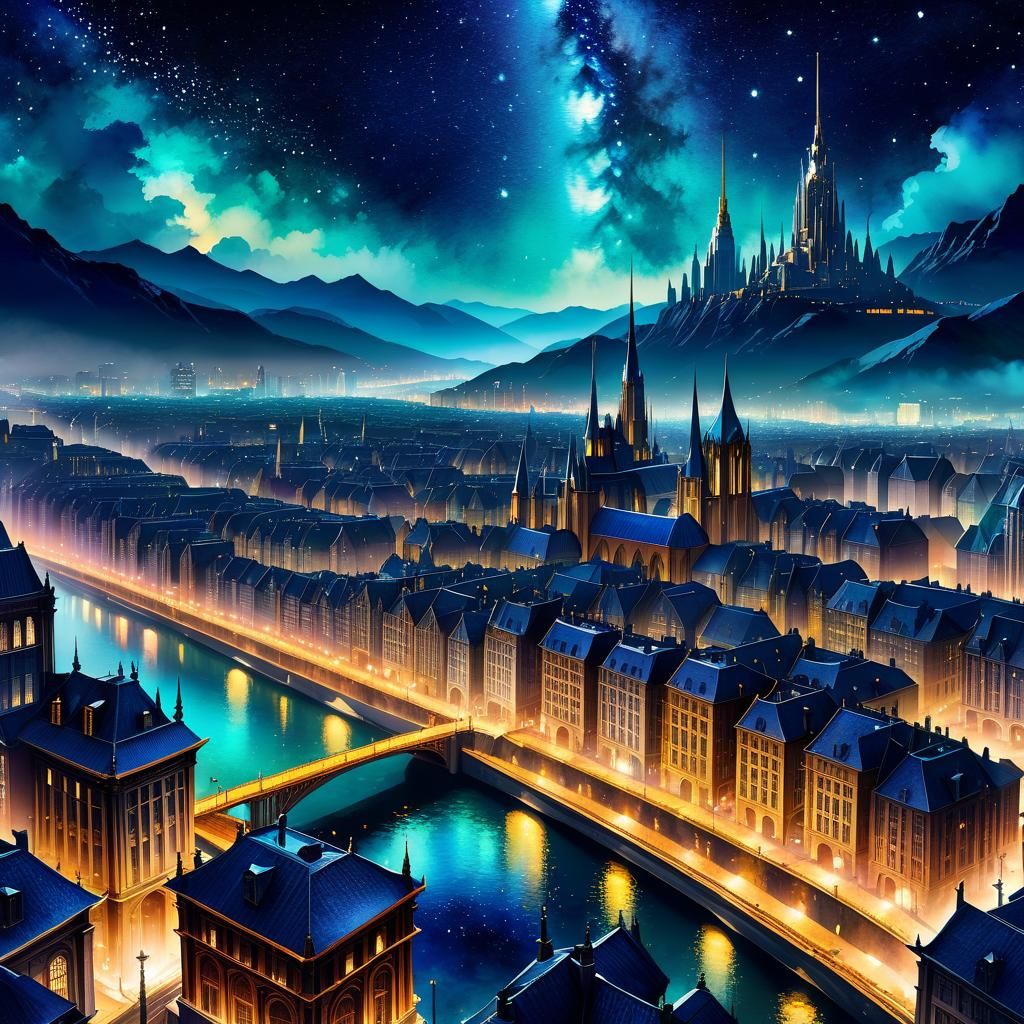Watercolor Metropolis Under Starry Night
