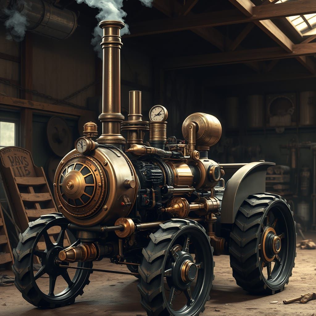 Steampunk Tractor with Ornate Brass Engine in Workshop