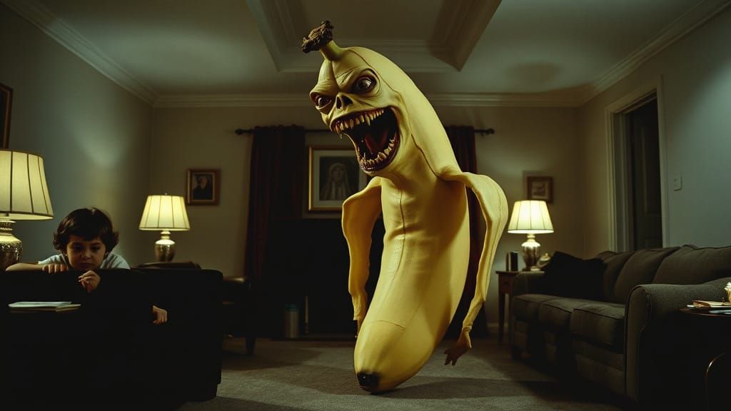Giant Grotesque Banana Attacks Family in 1970s Horror Scene
