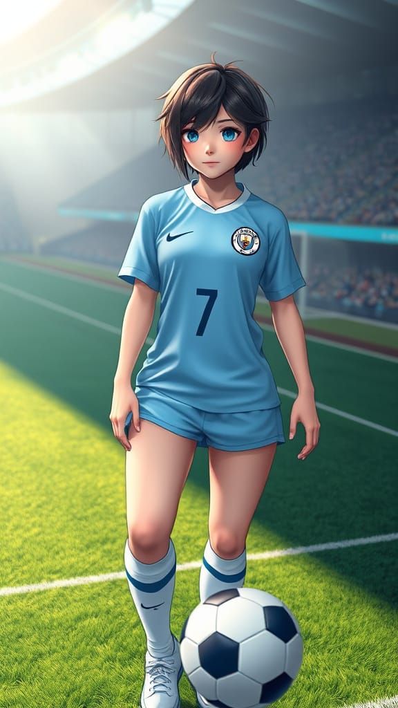 Anime Girl in Manchester City Jersey on Football Field