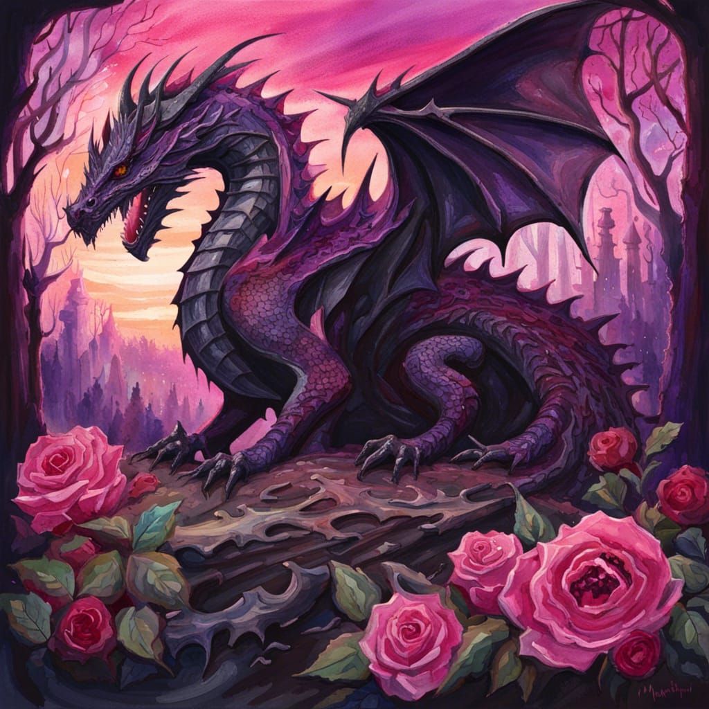 Gothic Dragon in Eerie Rose Garden Gouache Painting