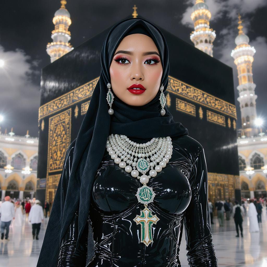 Woman in Latex Hijab at Ka'bah: Surreal Digital Art
