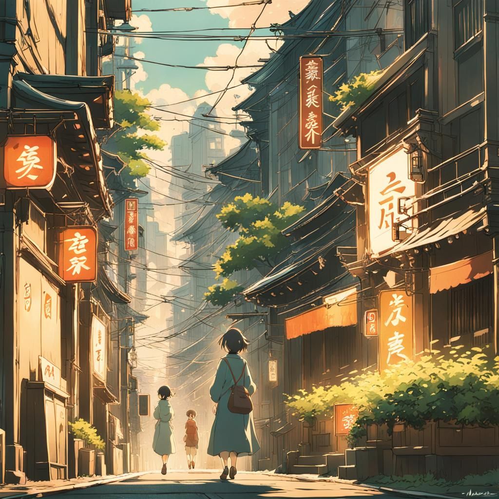 Woman Smoking in Tokyo Street: Studio Ghibli Anime