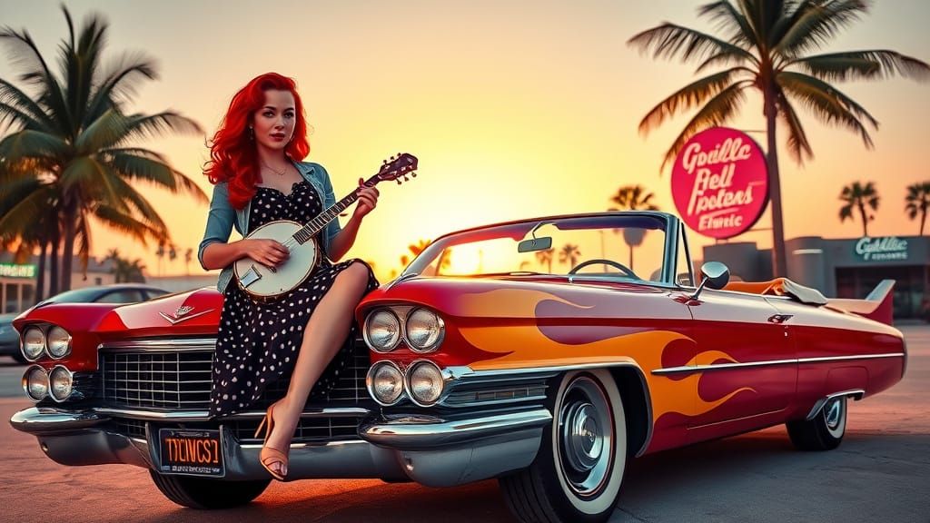 Rockabilly Pin-Up Girl on Cadillac in Hot Rod Art Style