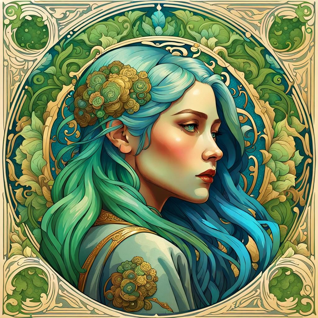 Art Nouveau Lady with Green and Blue Hair