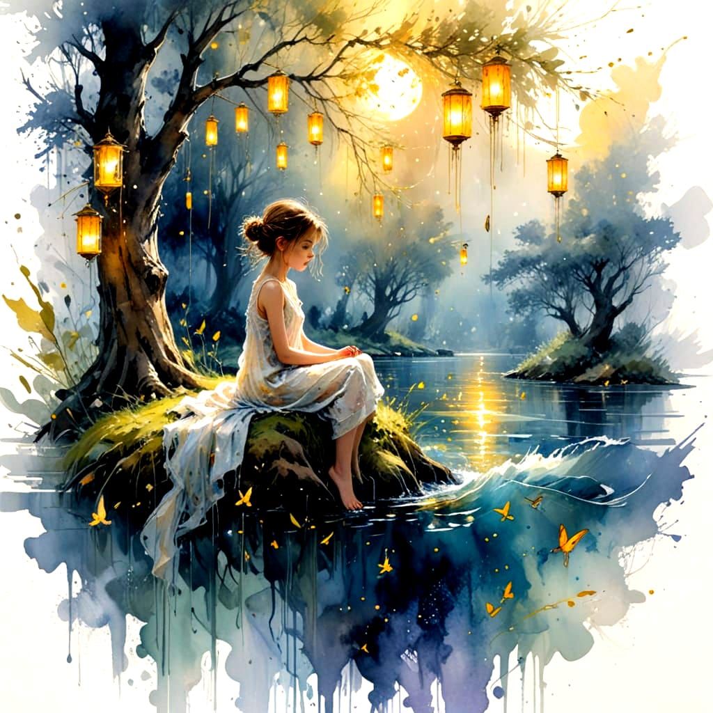 Child Amidst Fireflies: Watercolour Painting