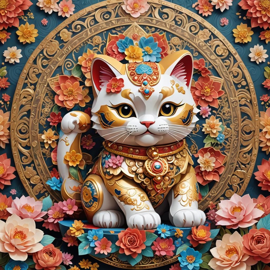 Baroque Maneki Neko with Floral Mandala
