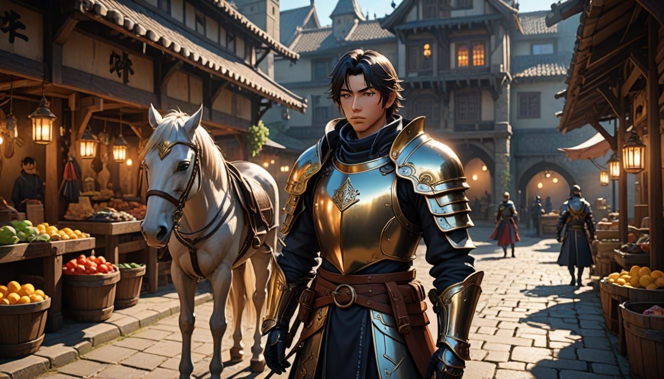 Worn Warrior Prince in Medieval Market, 3D Anime Art