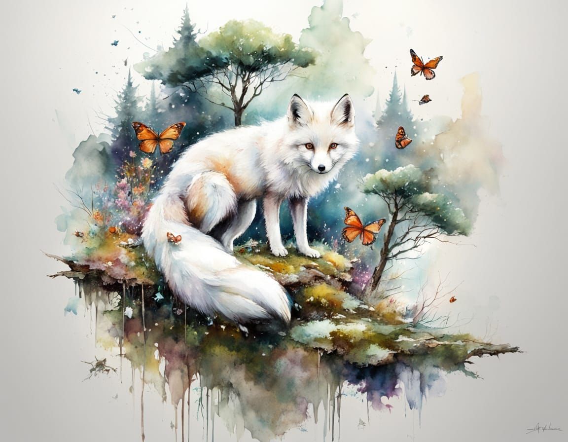 Arctic Fox Kits on Branch in Watercolor Garden