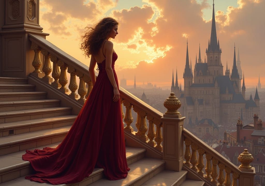 Woman on Grand Staircase in Romantic Style