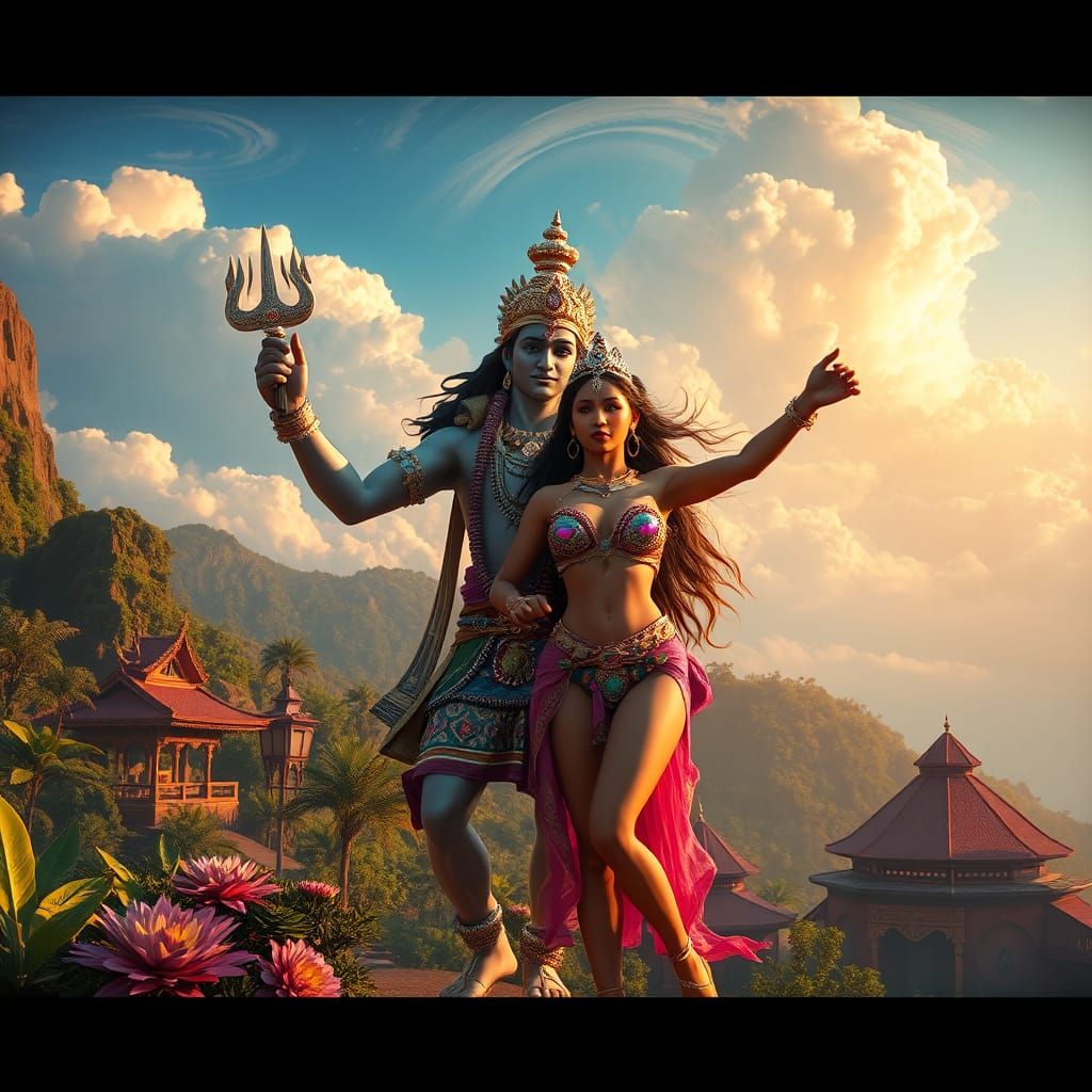 Sci-Fi Vishnu and Indian Woman Dance at Mount Meru